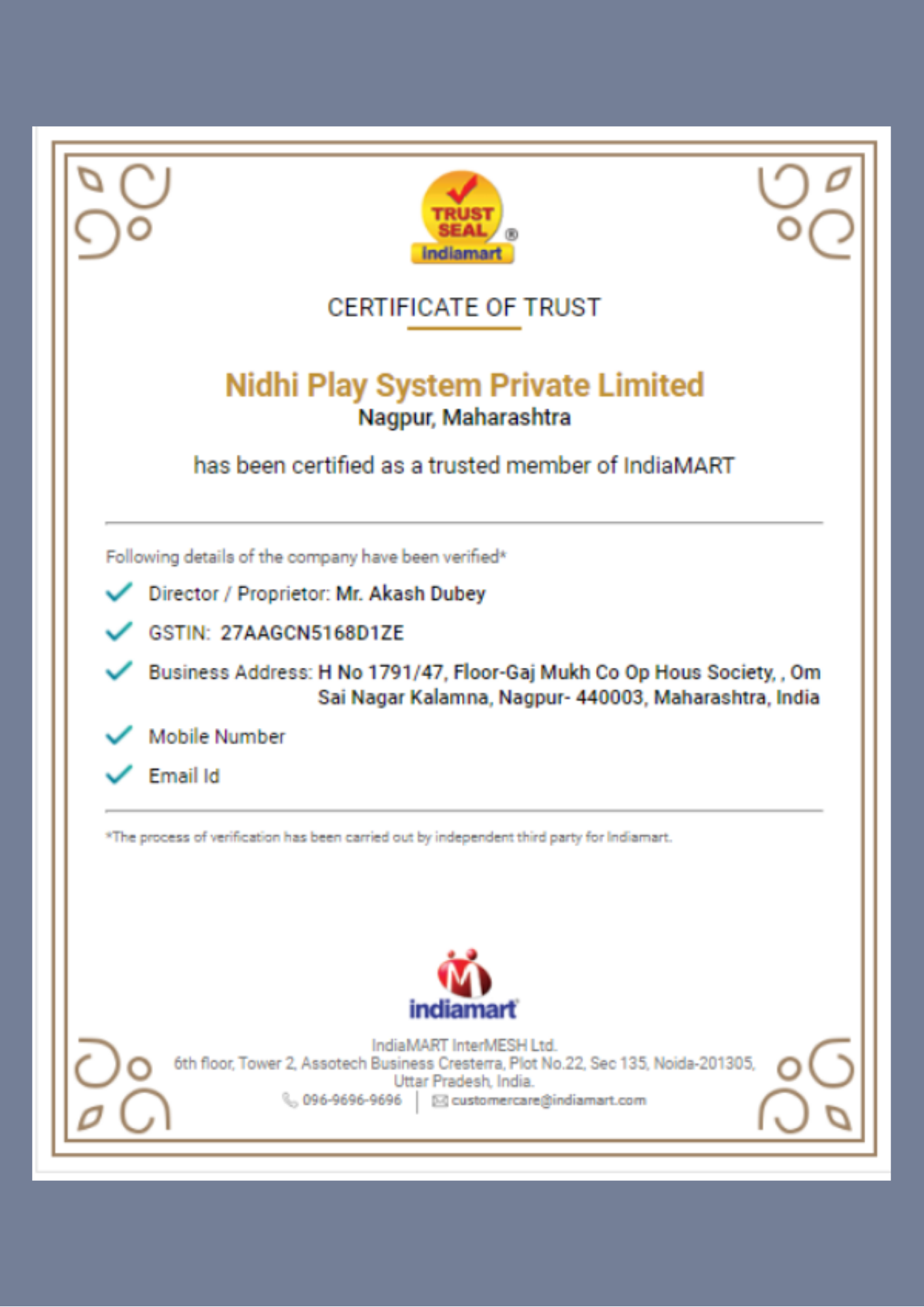 Indiamart Cerificate